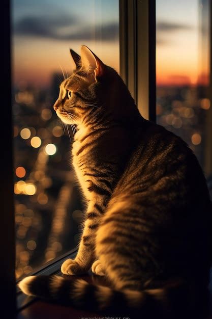 Un gato se sienta en el alféizar de una ventana mirando las luces de la