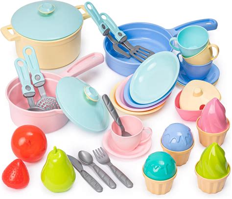 Technok Kids Play Kitchen Accessories 49 Pcs Play Dishes Cookware Set