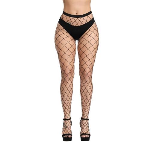 Grosse maille noire Jarretelles en résille Sexy entrejambe ouvert Lingerie taille haute