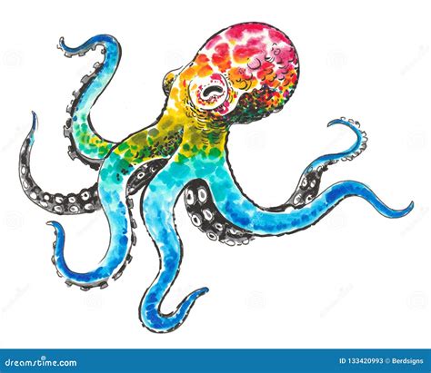 Watercolor Octopus Sea Pulpa Devilish With Tentacles Illustration Is