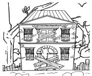 Coloriage Maison Hantee Avec Les Portes Barres Qui Fait Peur Dessin