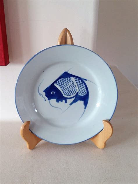 Asian Koi Catfish Carp Fish Plate Inches Blue And White Signed