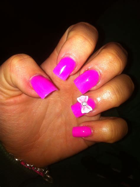 Hot Pink Nails With Dimond Pink Bow Diamonds Rhinestone Nail Art