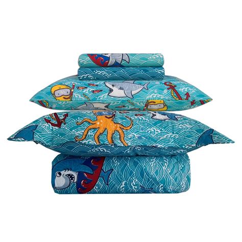 Kit Jogo De Cama Solteiro Infantil Menino Azul Happy Day Shark Pe As