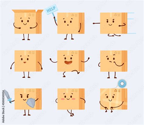 Smiling cardboard box cartoon character vector illustrations set. Cute ...