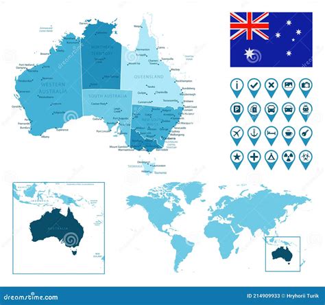 Austrália Mapa Administrativo Azul Detalhado Pavilhão Nacional E