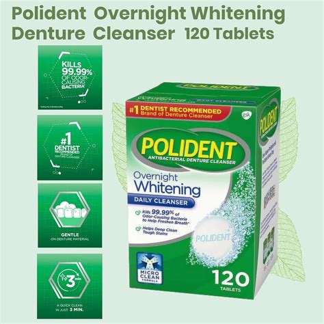 Polident Overnight Whitening Denture Cleaner 120 Tablets Bundle With Sustainable Bamboo Denture ...