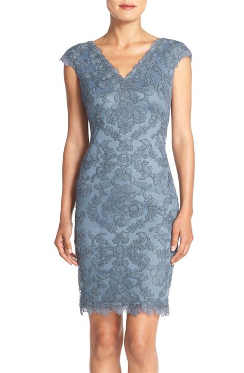 Dusty Blue Lace Cocktail Dress Embroidered Tulle Sheath Dress