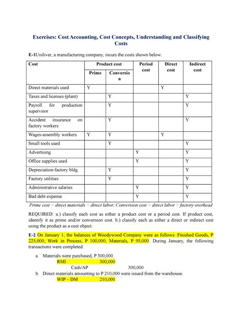 Strategic Cost Management Exercises Cost Accounting Cost Concepts