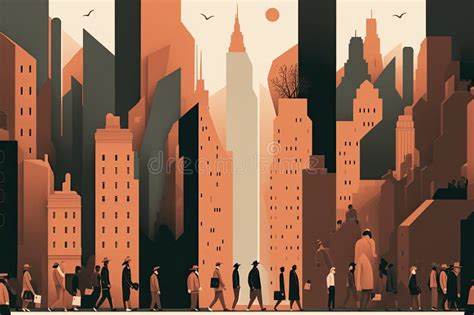 Cityscape With Minimalist Illustration Of People And Buildings In The