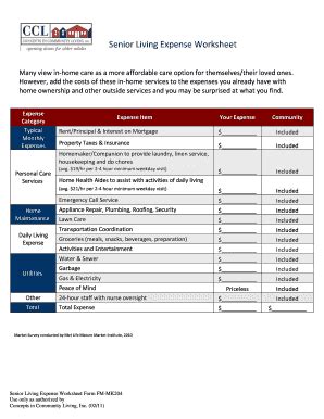 Fillable Online Senior Living Expense Worksheet Fax Email Print Pdffiller