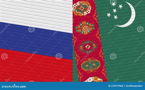 Turkmenistan And Russia Flags Together Fabric Texture Illustration