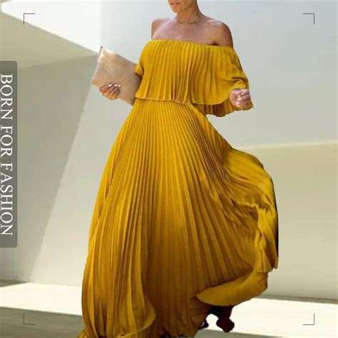 Sexy Fora Do Ombro Plissado Chiffon Vestido De Noite Amarelo Maxi