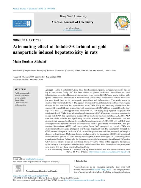 Pdf Attenuating Effect Of Indole Carbinol On Gold Nanoparticle