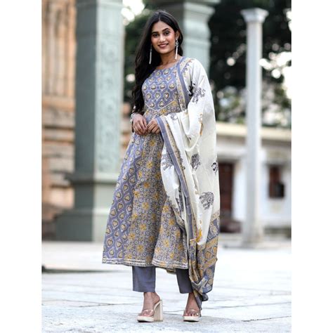 Likha By Nykaa Fashion Grey Jaipuri Printed Anarkali Set Dupatta Set