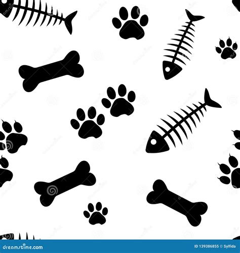 Animal Seamless Pattern with Fish Bones and Cat Paw Track, Bones and ...