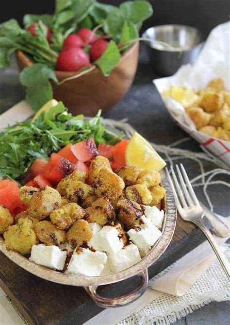 Watermelon feta salad with cornmeal crusted fried scallops