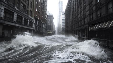 Premium Photo A Large Wave Crashes Through A City Street Flooding The