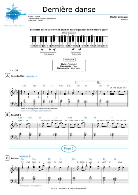 Arranger keyboard Dernière danse INDILA Noviscore sheets