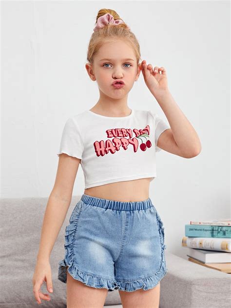 Shein Girls Cherry Print Crop Lettuce Trim Tee In Tween Fashion