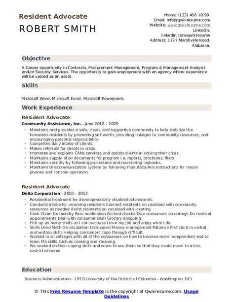 Resident Advocate Resume Samples Qwikresume