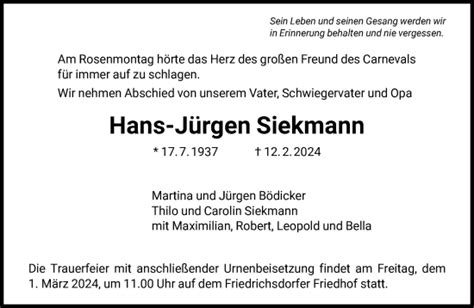 Traueranzeigen Von Hans J Rgen Siekmann Trauer Rheinmain De