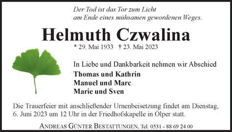 Traueranzeigen Von Helmuth Czwalina Trauer De