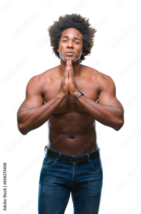 Afro American Shirtless Man Showing Nude Body Over Isolated Background Praying With Hands