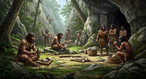 A Prehistoric Scene Depicting a Group of Early Humans Engaged in daily ...