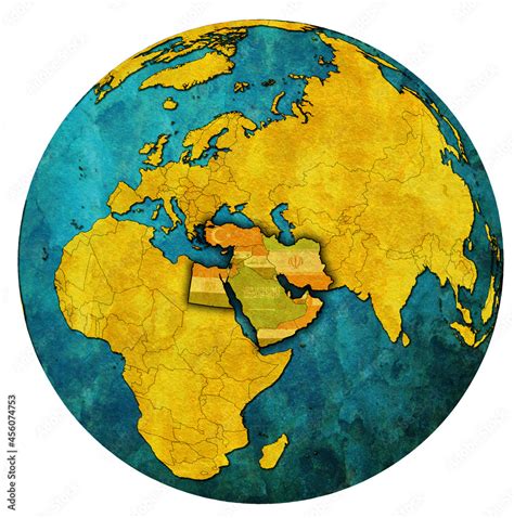 Map Of Palestine Territory Located In Middle East Region With Country Flags Over Globe Map Stock