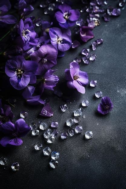 Premium AI Image | Purple flowers and crystals on a dark background