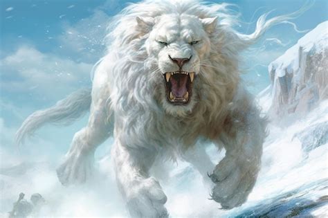 Premium AI Image | A white lion is running in the snow.