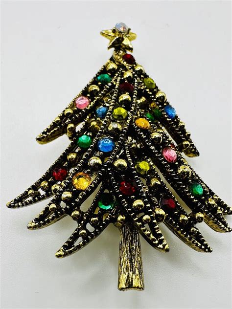 Hollycraft Christmas Tree Brooch Rhinestone Multicolor Ab Star Gold