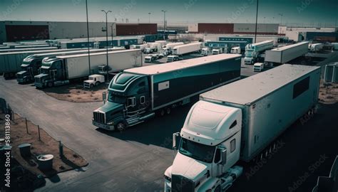 Busy Trailer And Big Rig Parking Lot With Massive Industrial Buildings