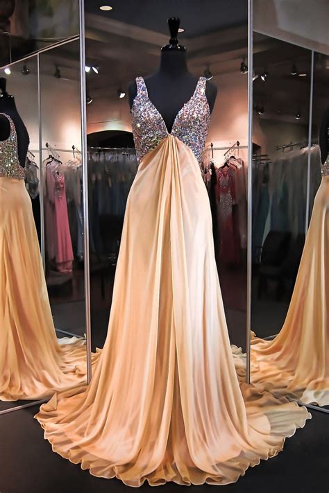 V Neck Open Back Empire Waist Long Gold Chiffon Beaded Prom Dress