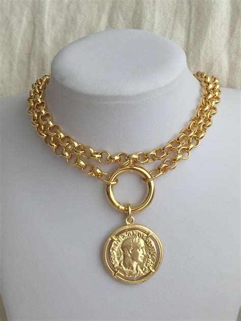 Chunky Gold Necklace Gold Coin Necklace Large Coin Necklace Etsy