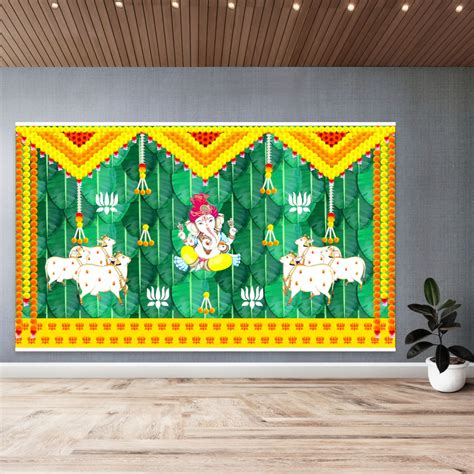 Ganesh And Cow Backdrop Pooja Backdrop Cloth Backdrop Pooja Cloth