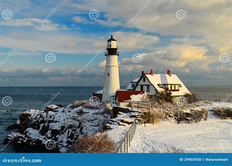 Maine Lighthouse in winter stock photo. Image of rocks - 39903930