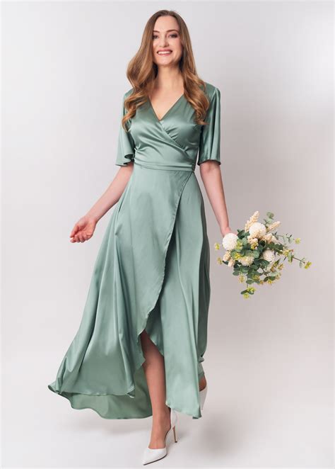 Sage Green Silk Satin Long Wrap Dress Silk Dress Wrap Dress Bridesmaid