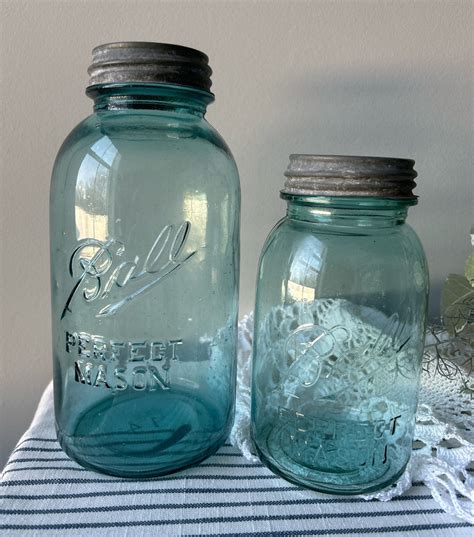 Antique Blue 1910 1923 Ball Jars Half Gallon And Quart Mason Jar With