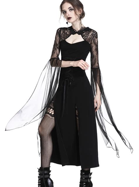 Gothic Black Lace Hooded Sexy Side Slits Long Dress Magic Wardrobes