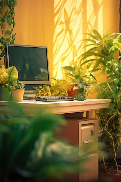 Premium AI Image | A computer on a desk with a plant in the background