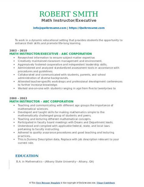 Math Instructor Resume Samples QwikResume