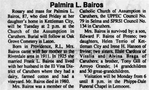 Obituary For Palmira L Bairos Aged 87 ™