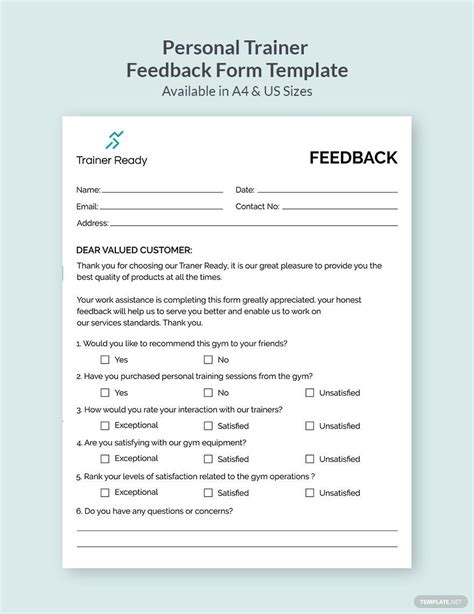 Personal Trainer Feedback Form Template In Indesign Illustrator Psd