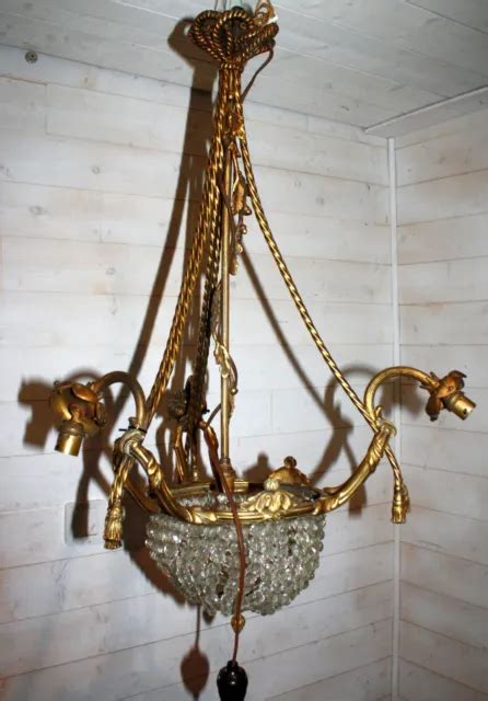 ANCIEN LUSTRE XIXEME Style Louis XVI En Bronze Cordage Noeud Et Cristal