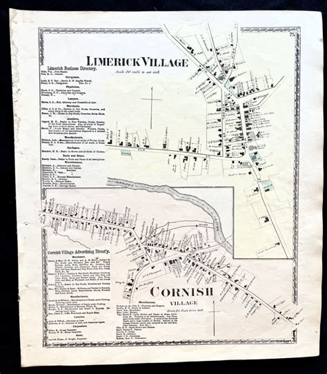 1872 Hand Colored Street Map Of Limerick Village And Cornish Village