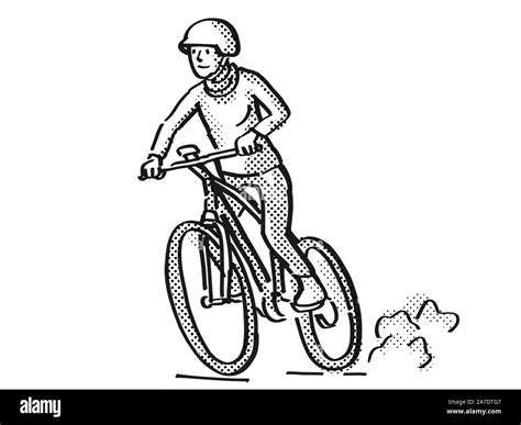 Retro cartoon style drawing of a female cyclist riding on an electric ...