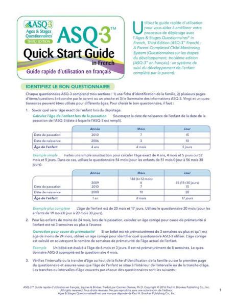 Ages Stages Questionnaires ASQ 3 Quick Start Guide In French