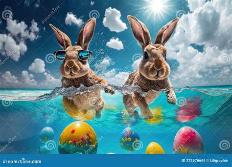 Easter Bunnies Swiming And Hunting Easter Eggs In The Sea Ai Generated Stock Illustration